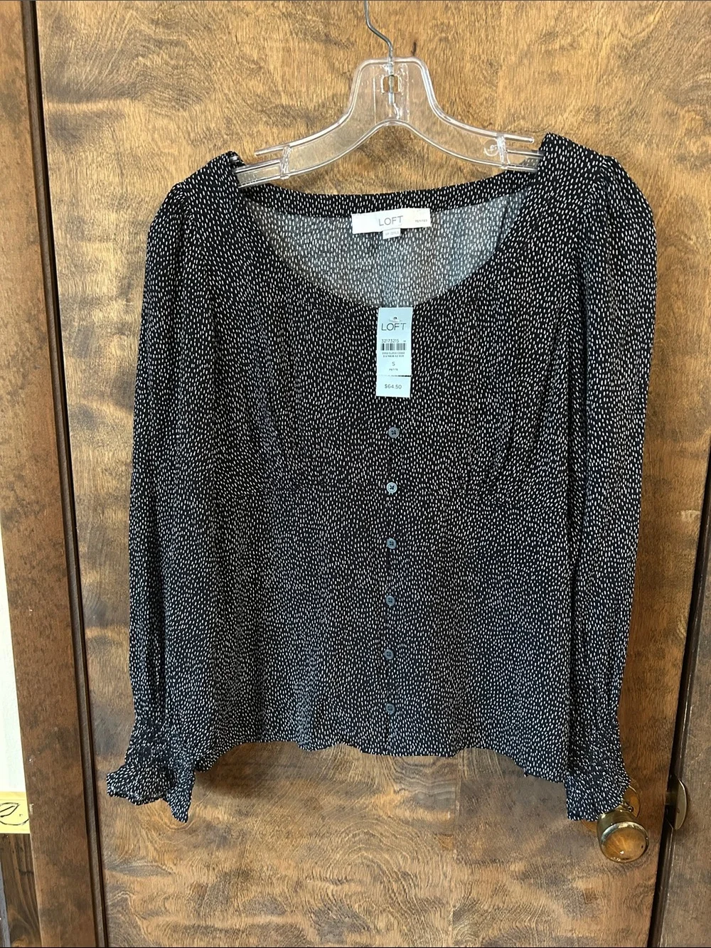 NWT LOFT Black and White Dotted Button-Front Blouse SP